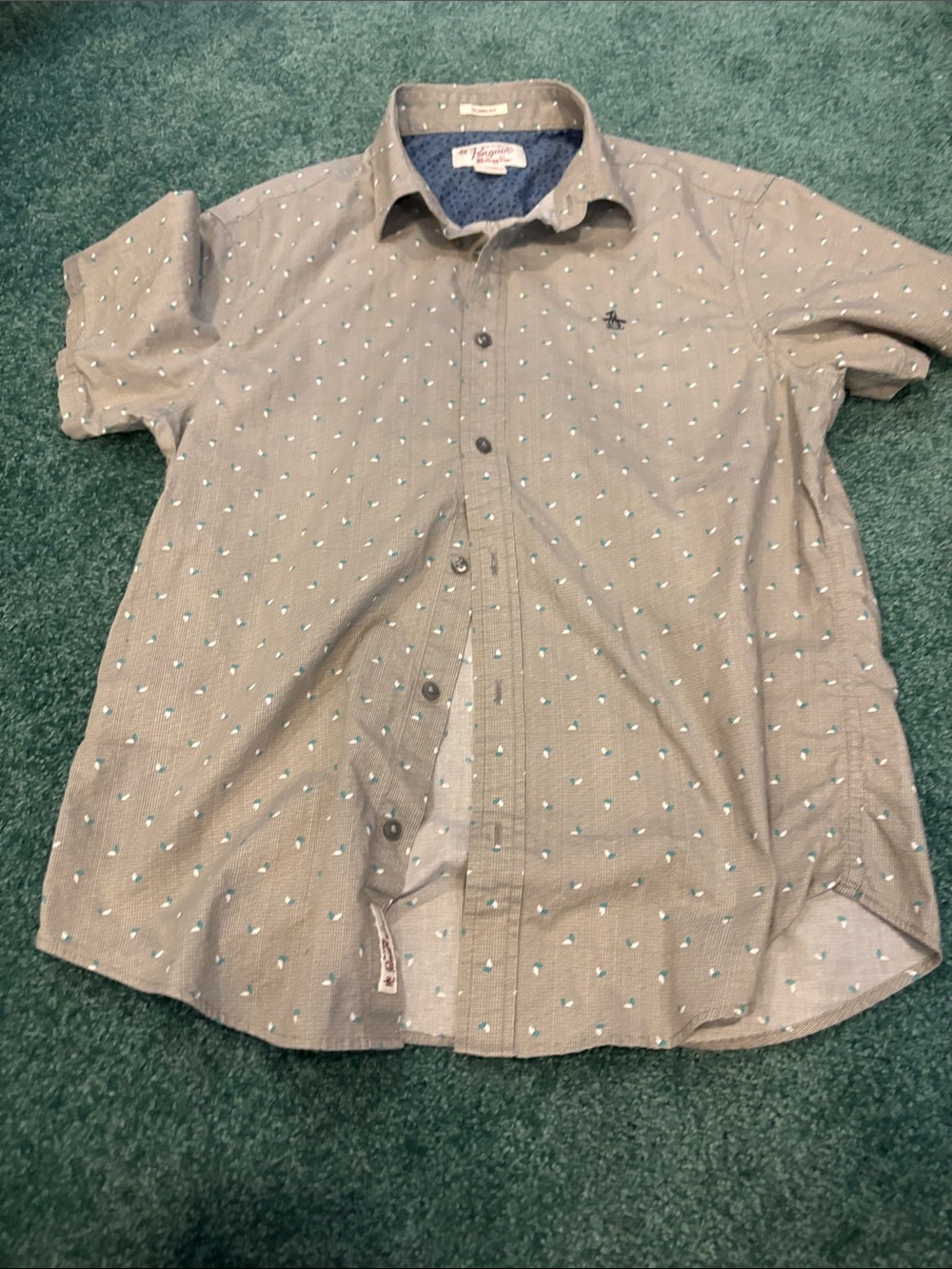 Original Penguin Men Medium Cotton Button Down Gray Geometric Print Shirt